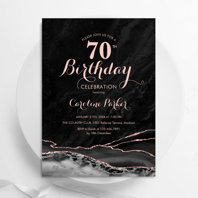 Convite Aniversário do 70 Marble Agate Dourado Rosa negro (Criador carregado)