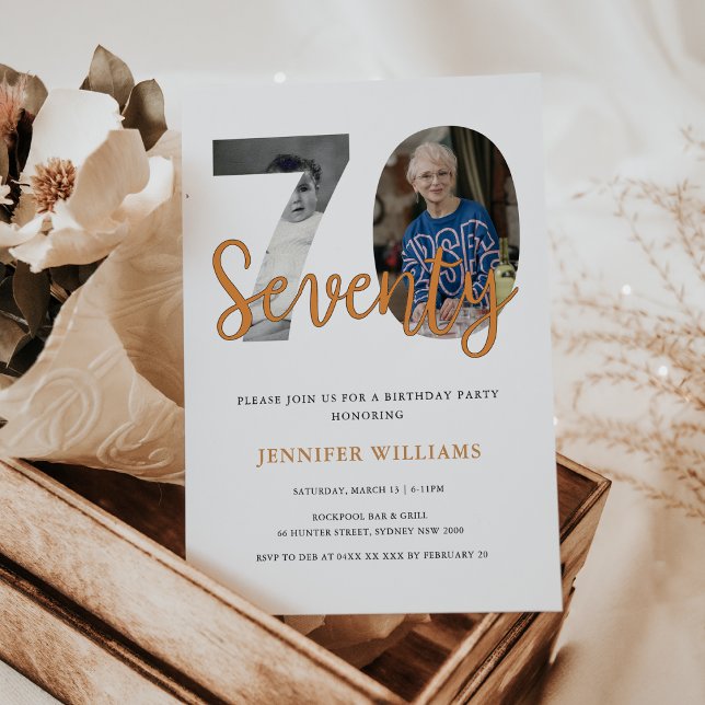 Convite Aniversário do 70 moderno com 2 fotos, então e ago (Modern 70Th Birthday With 2 Photos Then and now, look whose 70 birthday invitation)