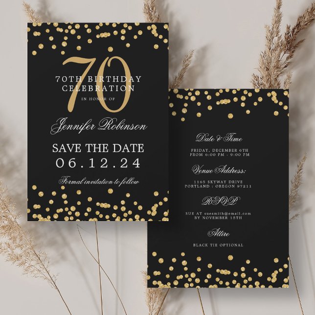Convite Aniversário do 70 Preto Dourado Guarde a Data e os (Gold Black 70th Birthday Save the Date & Details Invitation)