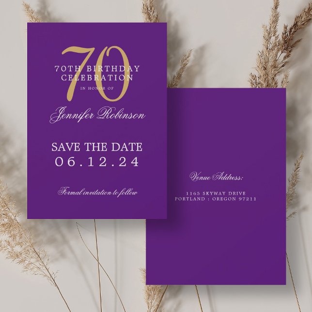 Convite Aniversário do 70 Roxo Dourado Salvar a Data (Gold Purple 70th Birthday Save the Date Invitation)