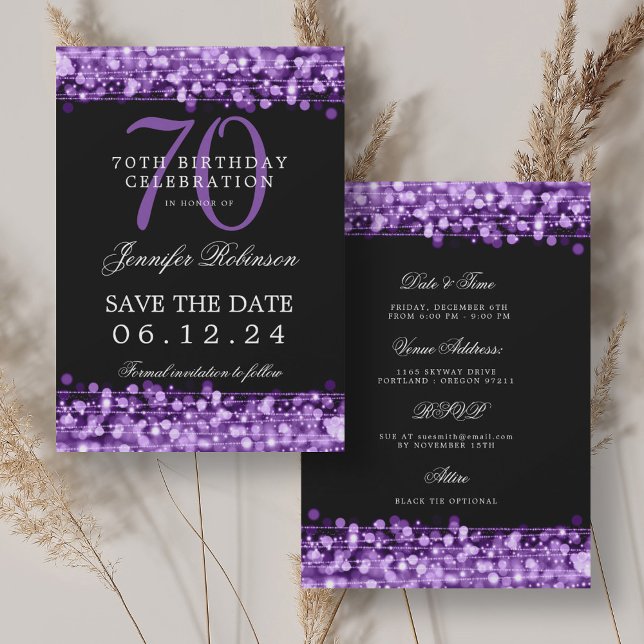 Convite Aniversário do 70 Roxo Guarde a Data com Detalhes (Purple 70th Birthday Save the Date w/ Details Invitation)