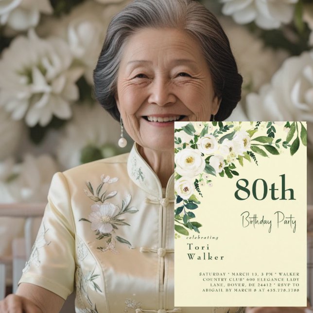 Convite Aniversário do 80 Amarelo Amarelo Branco em Cascat (Criador carregado)