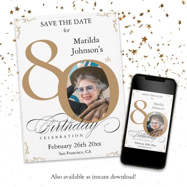 Convite Aniversário do 80 Branco Dourado Salvar a Data (80th Birthday Gold White Save The Date Custom Invitation)