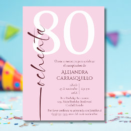 Convite Aniversário do 80 branco-rosa-chic minimalista esp