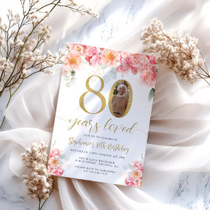 Convite Aniversário do 80 de Foto Floral Rosa e Dourada