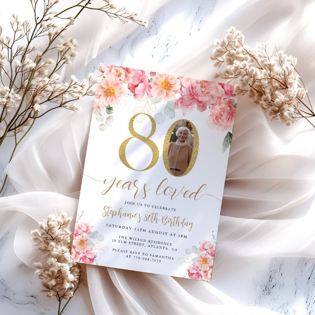 Convite Aniversário do 80 de Foto Floral Rosa e Dourada (Criador carregado)