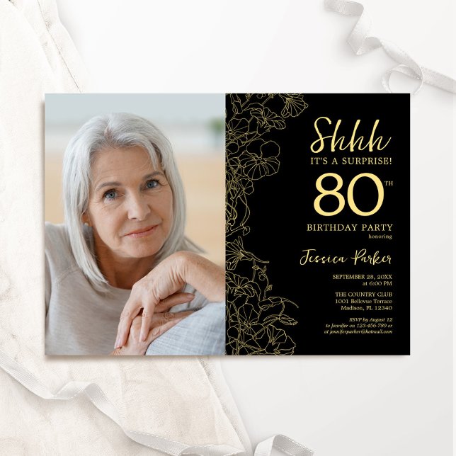 Convite Aniversário do 80 de Foto Surpresa Dourada Negra (Criador carregado)