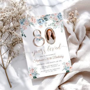 Convite Aniversário do 80 de Fotografia Floral Azul e Rosa