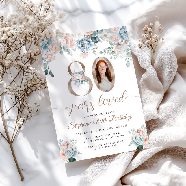 Convite Aniversário do 80 de Fotografia Floral Azul e Rosa (Criador carregado)
