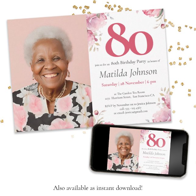 Convite Aniversário do 80 de Fotografia Personalizada Flor (Photo 80th Birthday Pink Watercolor Floral Custom Invitation)