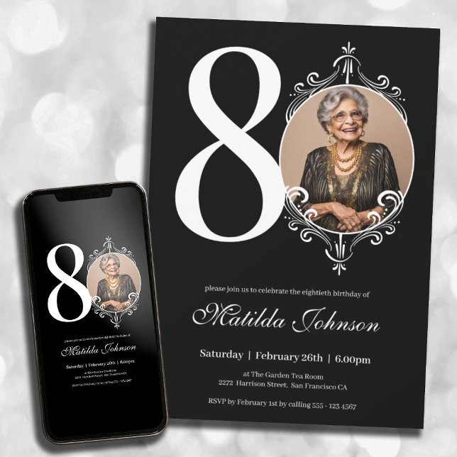 Convite Aniversário do 80 de Fotografias Personalizadas a  (80th Birthday Classic Black and White Custom Photo Invitation)