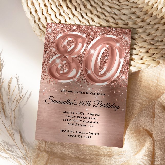 Convite Aniversário do 80 de Glittery Dourado Glam Rosa (Rose Gold Glam 80th Milestone Celebration Invite)