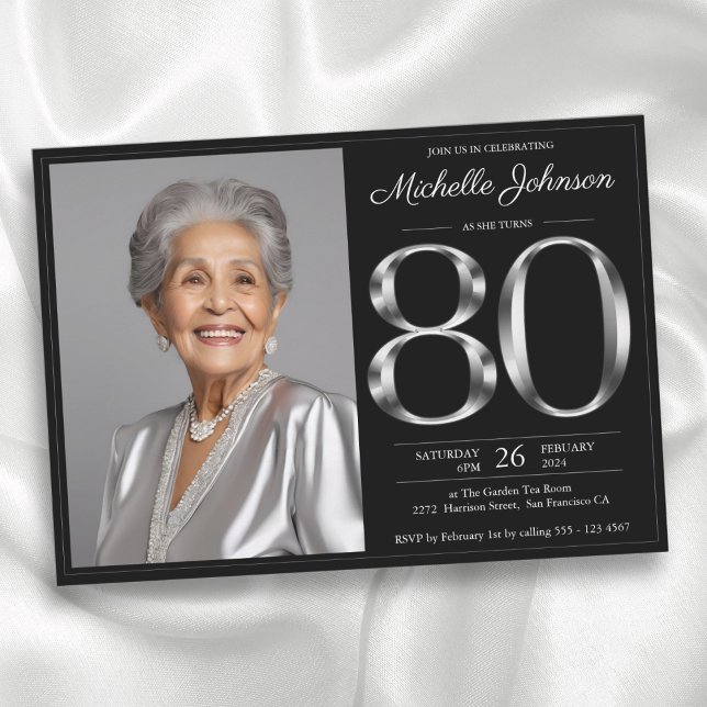 Convite Aniversário do 80 de Prata Negra (Black Silver 80th Birthday Invitation)