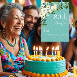 Convite Aniversário do 80 de Turquesa Floral Branca em Cas