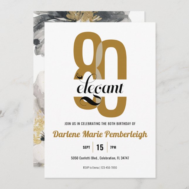 Convite Aniversário do 80 Floral Negro Dourado e elegante (Frente/Verso)