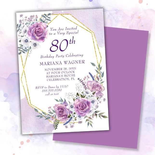 Convite Aniversário do 80 Floral Purple da Aquarela Elegan (Criador carregado)