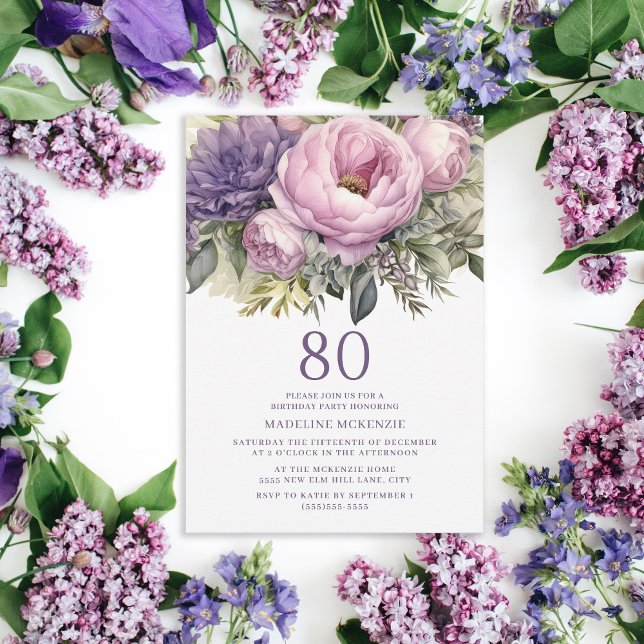 Convite Aniversário do 80 Floral Rosa-Rosa Elegante (Elegant purple peonies botanical birthday party invitation for her.)