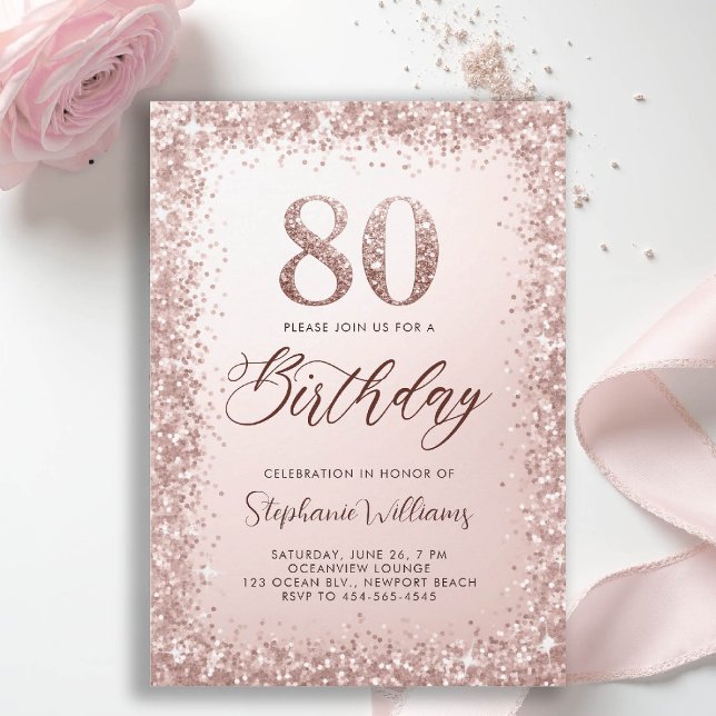 Convite Aniversário do 80 Moderno da Caligrafia Dourada co (80th birthday invitation for women her glitter sparkle rose gold elegant glam luxury stylish classy)