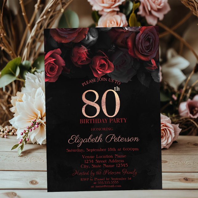 Convite Aniversário do 80 Negro do Elegante Rosa vermelha (Criador carregado)