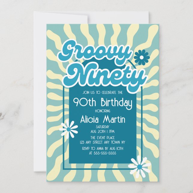 Convite Aniversário do 90 azul de margarida azul-margarida (Frente)