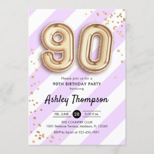 Convite aniversário do 90 - balões roxos do ouro das