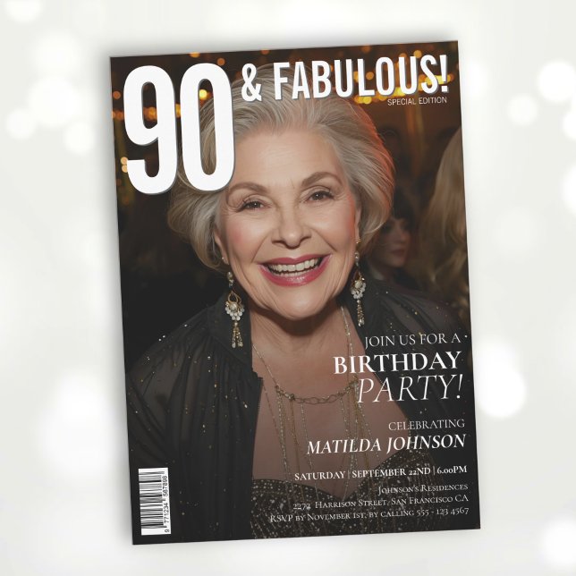 Convite Aniversário do 90 da Revista 90 e Fabulosa (90 and Fabulous Magazine Cover 90th Birthday Invitation)