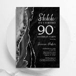 Convite Aniversário do 90 da Surpresa de Prata Negra<br><div class="desc">Preto e prateado agata convite de aniversário surpresa. Elegante design moderno com aquarela agate marble geode background,  faux glitter prata e tipografia. Trendy convida o cartão perfeito para uma comemoração de dia das mulheres na moda. Impressos convites Zazzle ou modelo de impressão digital instantânea para download.</div>