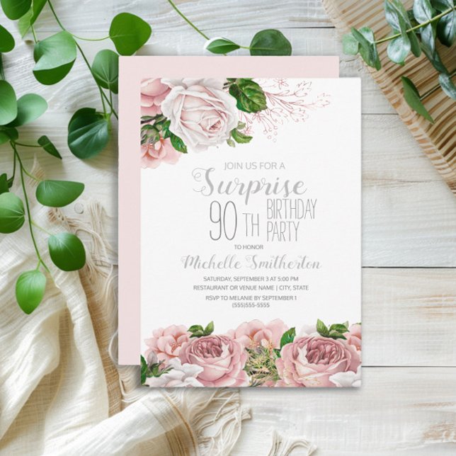 Convite Aniversário do 90 da Surpresa Floral Rosa Blush (Elegant blush pink vintage floral surprise 90th birthday party invitation)