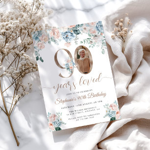 Convite Aniversário do 90 de Fotografia Floral Azul e Rosa