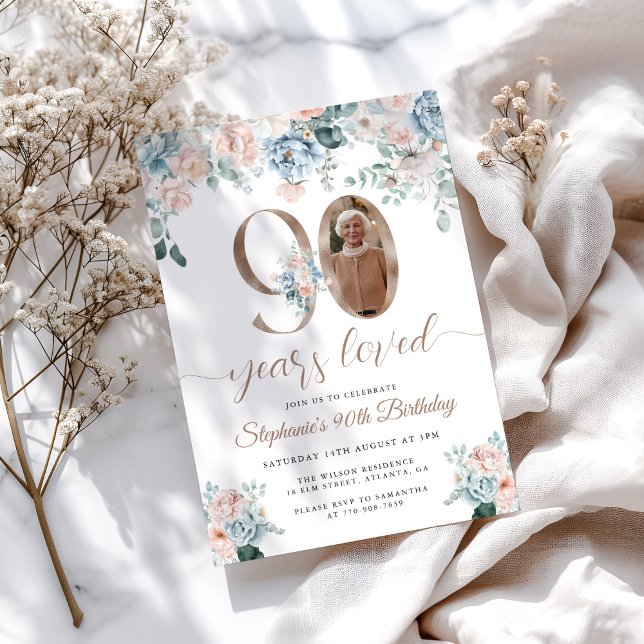 Convite Aniversário do 90 de Fotografia Floral Azul e Rosa (Criador carregado)