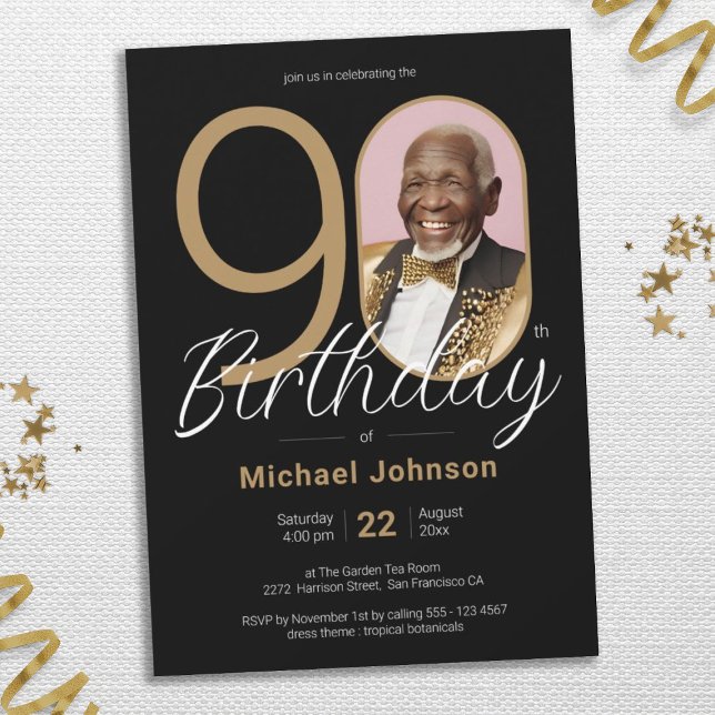 Convite Aniversário do 90 de Fotografias Personalizadas El (Photo 90th Birthday Gold Black Elegant Custom Invitation)
