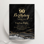 Convite Aniversário do 90 de mármore Dourado preto<br><div class="desc">Convite de aniversário de 90 preto e dourado. Elegante design moderno com cor azul-real de água agate marble geode fundo, fonte falsa de ouro brilhante e script de tipografia. Trendy convida o cartão perfeito para uma comemoração de dia das mulheres na moda. Impressos convites Zazzle ou modelo de impressão digital...</div>