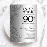Convite Aniversário do 90 de Surpresa Silver<br><div class="desc">Convite de aniversário de 90 de Silver Surprise. Design Glam feminina com sotaques botânicos e letra de script de tipografia. Simples cartão de convite floral perfeito para uma festa surpresa na moda. Pode ser personalizado para qualquer idade. Impressos convites Zazzle ou modelo de impressão digital instantânea para download.</div>