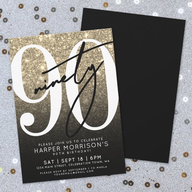 Convite Aniversário do 90 Dourado negro (Black Gold Glitter 90th Birthday Invitation)
