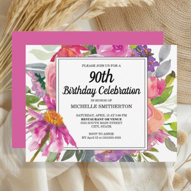 Convite Aniversário do 90 feminino púrpura (Pretty pink and purple watercolor floral 90th birthday party invitation)