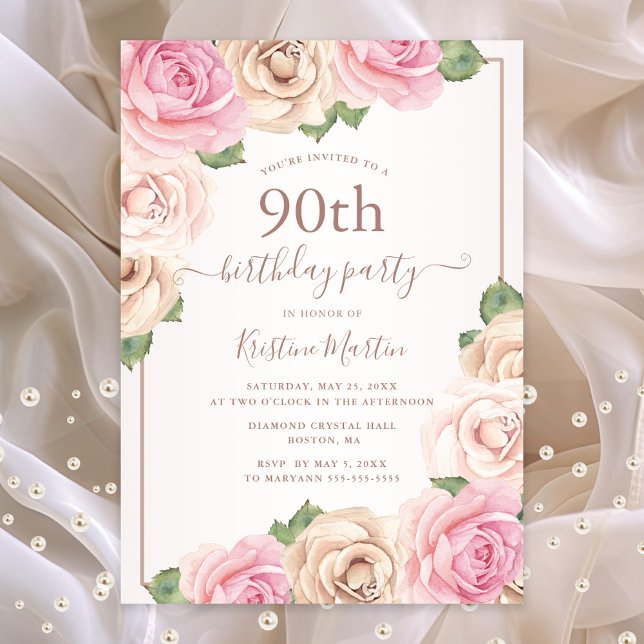 Convite Aniversário do 90 Floral de Rosa Dourada Aquarela  (90th birthday party invitation with pink roses)