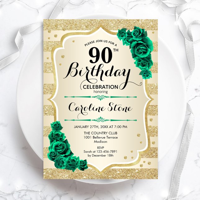 Convite Aniversário do 90 Floral Elegante Verde Dourado (Criador carregado)