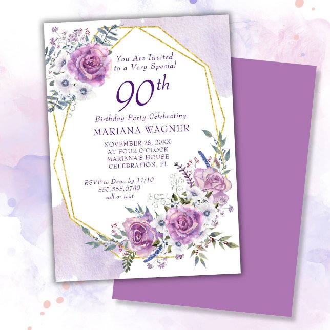 Convite Aniversário do 90 Floral Purple da Aquarela Elegan (Criador carregado)