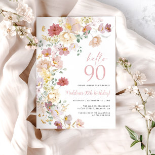 Convite Aniversário do 90 Floral Rosa-Rosa-Blush