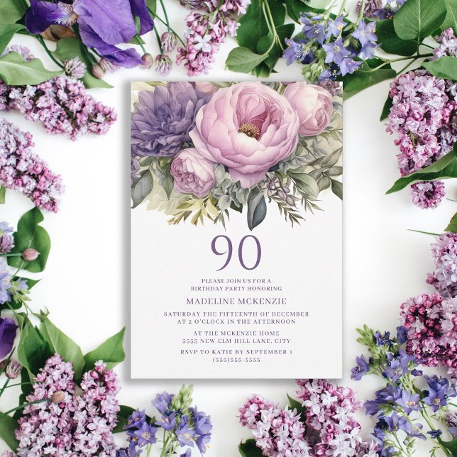 Convite Aniversário do 90 Floral Rosa-Rosa Elegante (Purple floral 90th birthday party invitation)