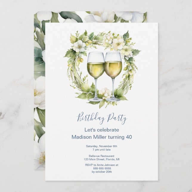 Convite Aniversário do Adulto das Flores de Vinho Branco E (Frente/Verso)