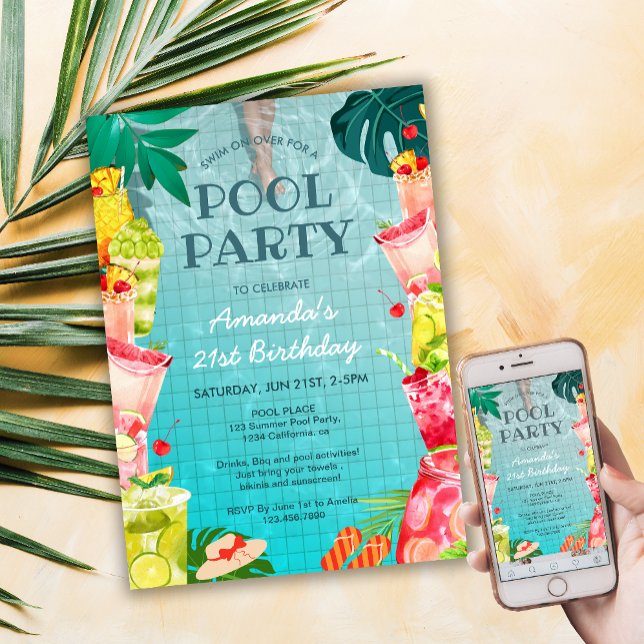 Convite Aniversário do Adulto do Partido da Piscina das Be (Tropical Fruit Drinks Pool Party Adult Birthday Invitation)