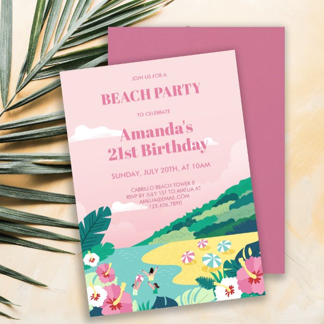 Convite Aniversário do Adulto do Partido Tropical de Praia (Summer Tropical Beach Party Adult Birthday Invitation)