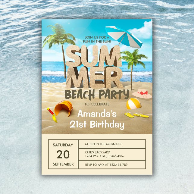 Convite Aniversário do Adulto do Partido Tropical de Praia (Summer Tropical Beach Party Adult Birthday Invitation)