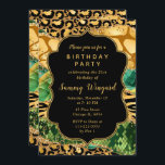 Convite Aniversário do Agate Safari Dourado e Verde<br><div class="desc">Este convite de aniversário de ouro e safari verde apresenta manchas-leopardo, faixas de tigre, impressão de girafa e escalas de cobra. O texto combina o guião manuscrito e as fontes sans serif modernas para um olhar elegante e glamouroso. Os sotaques dourados falsos e a impressão abstrato criam a perfeita mistura...</div>
