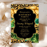 Convite Aniversário do Agate Safari Dourado e Verde<br><div class="desc">Este convite de aniversário de ouro e safari verde apresenta manchas-leopardo, faixas de tigre, impressão de girafa e escalas de cobra. O texto combina o guião manuscrito e as fontes sans serif modernas para um olhar elegante e glamouroso. Os sotaques dourados falsos e a impressão abstrato criam a perfeita mistura...</div>