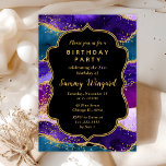 Convite Aniversário do Agatinho Púrpura e Azul<br><div class="desc">Este elegante e glamouroso convite de aniversário apresenta um fundo de mármore azul roxo e lacrimejante com sotaques dourados falsos. O texto combina o script manuscrito e as fontes sans serif modernas para um aspecto elegante e sofisticado. As sequências e a textura em apuros criam a mistura perfeita de chic...</div>