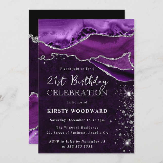 Convite Aniversário do Agitador de Lata Púrpura e Prateada (Frente/Verso)