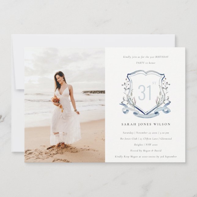 Convite Aniversário do Aqua Blue Wildflower Monograma Cres (Frente)