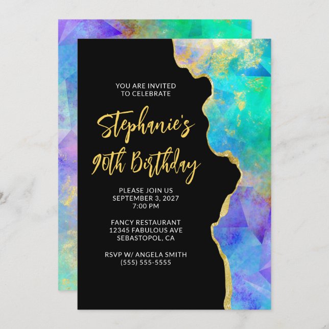 Convite Aniversário do Aqua Green Multi Fire Opal Dourado  (Frente/Verso)